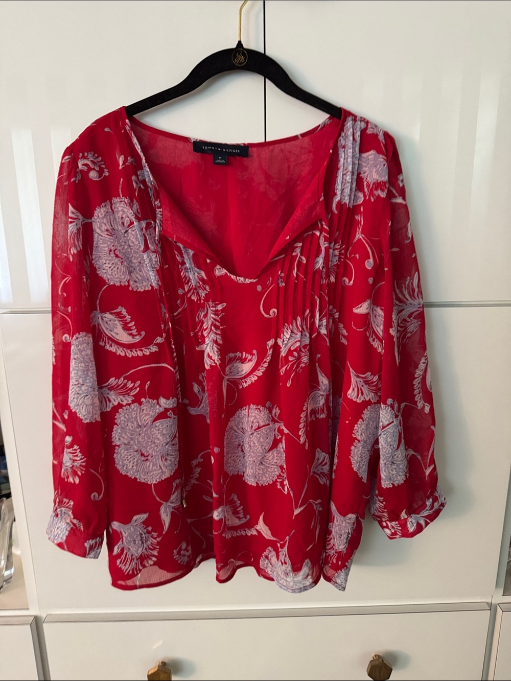 Tommy Hilfiger Red Floral V-Neck Long Sleeve Blouse